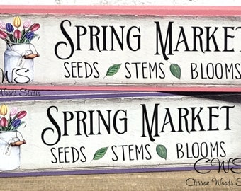 Spring Market Tulips in White Metal Bucket Wood Block Sign