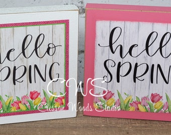 Hello Spring (White or Pink) Wood Block Sign