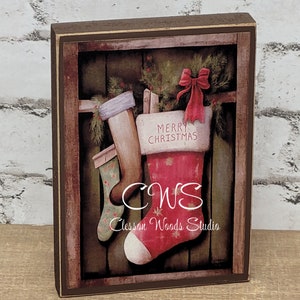 Primitive Stockings Merry Christmas Winter Wood Block Sign