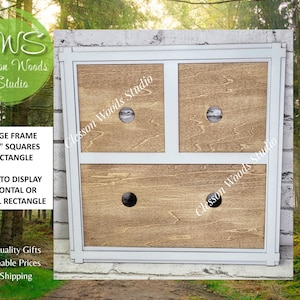 May include: A collage frame featuring a white border and three light brown wood panels. The frame includes two 4.25-inch square openings and one rectangular opening. The design allows for horizontal or vertical display of the rectangular section.