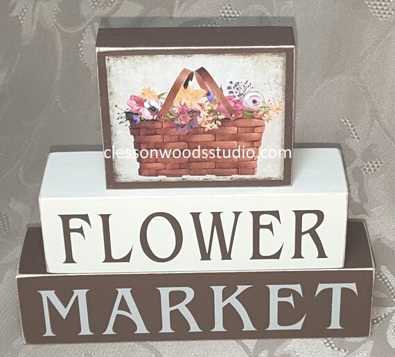 Flower Market Basket of Flowers Wood Block Stack Etsy