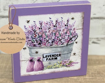 Lavender Farm Metal Bucket Purple Square Wood Sign