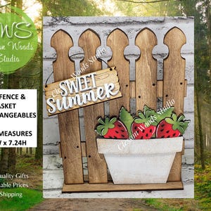 May include: Wooden fence with a white flower pot filled with strawberries. The fence has a sign that says "Sweet Summer". The fence measures 5.5" wide and 7.24" high.