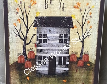 Be Ye Thankful Saltbox House and Pumpkins Large Wood Block