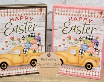 Happy Easter Yellow Truck of Eggs Wood Block Sign