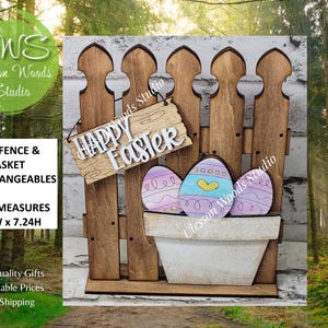 May include: Wooden Easter-themed decoration featuring a fence, a sign that says "Happy Easter", and three decorated Easter eggs in a white pot. The fence measures 5.5"W x 7.24H.