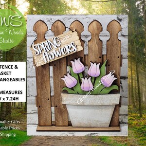 May include: Wooden spring-themed decorative piece featuring a fence design with a flower pot filled with pink tulips. The fence measures 5.5"W x 7.24"H. A sign reads "Spring Flowers".
