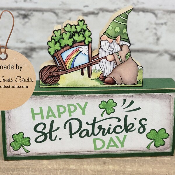 Happy St Patrick's Day Gnome Leprechauns 4 Piece Wood Block Set