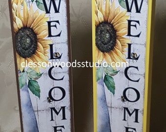 Welcome Sunflower Vertical Wood Sign