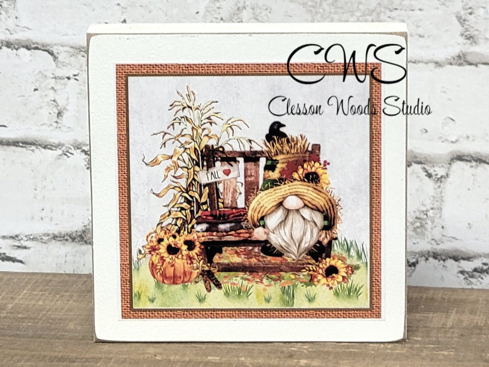 Fall Pumpkins Sunflowers Gnome Square Wood Sign