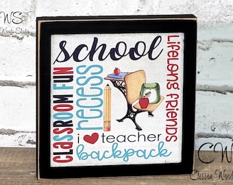 School Subway Art Square Wood Block Sign