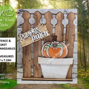 May include: Wooden pumpkin patch sign with a fence and a pumpkin in a flower pot. The fence measures 5.5" wide and 7.24" high. The pumpkin is orange with white accents and a flower. The sign says "Pumpkin Patch".
