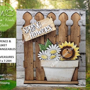 May include: Wooden spring-themed decorative fence with a white flower pot, daisies, and a sunflower. The fence measures 5.5 inches wide and 7.24 inches high. A sign reading "Spring Flowers" hangs from the top.