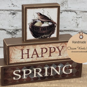 Happy Spring Bird in Nest Brown Block Stack