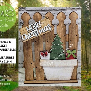 May include: Wooden Christmas decoration featuring a fence design with a "Merry Christmas" sign. Includes a green Christmas tree, gifts, and a white flower pot. The fence measures 5.5"W x 7.24"H.