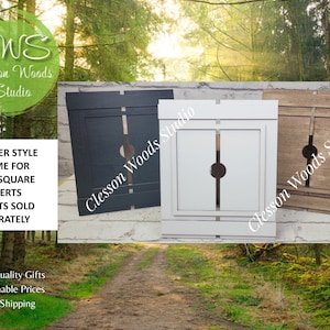 May include: Three shutter-style frames in black, white, and wood grain finish, each featuring a central circular cutout designed to hold 4.25-inch square inserts. The frames have a rectangular border with horizontal slats and a vertical center divider.