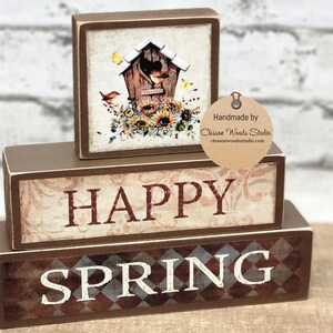Happy Spring Birdhouse with Sunflowers Brown 3 Piece Wood Block Stack