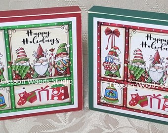 Happy Holidays Gnome Trio Small Square Wood Block Sign