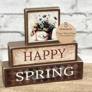 Happy Spring Tin of Flowers Brown 3 Piece Wood Block Stack