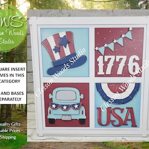 May include: A white square frame containing four 4.25-inch square inserts with patriotic themes. The top left shows a striped top hat, the top right features the text 1776 with bunting, the bottom left shows a light blue truck, and the bottom right displays the text USA.