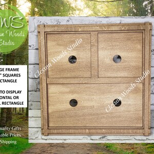 May include: A light brown wooden collage frame featuring two 4.25-inch square openings and one rectangular opening. The frame has a natural wood grain finish and circular cutouts. Text on the frame reads Clesson Woods Studio.