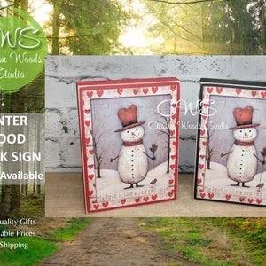 Valentine Snowman Red Rose Wood Block Sign
