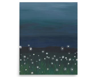 Night Landscape Fireflies Painting Print