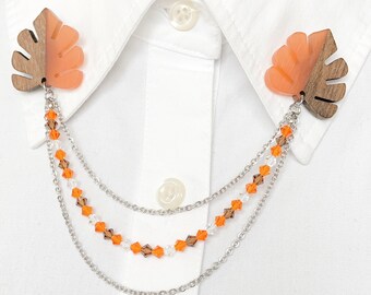 Orange Retro Leaves Chain Collar Clips~Wood Leaf Collar Pin~Swarovski Crystal Lapel Pin~Stainless Steels Collar Clasps~Plant Brooch - 830-O