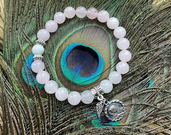 Onze Lieve Vrouw Rozenkwarts natuursteen armband 7 2/8” – natuursteen howliet flexibel schoudertasje – engelenvleugel handgemaakte armband – B1004