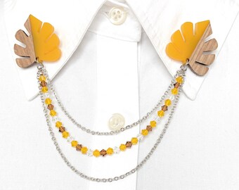 Yellow Retro Leaves Chain Collar Clips~Wood Leaf Collar Pin~Swarovski Crystal Lapel Pin~Stainless Steels Collar Clasps~Plant Brooch - 830Y