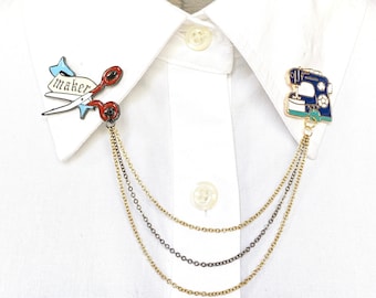 Tailor Tools Collar Chain – Dressmaker Collar Pin – Sewing Machine & Scissor Lapel Pin – Tailor Handcraft Brooch - 867