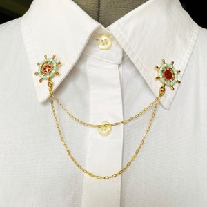 Blue Helm Wheel Collar Chain Collar Clips– Collar Pin - Lapel Pin – Boat Helm Collar Clasps – Blue Wheel Brooch - 816