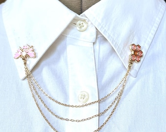 Pink Bee Enamel Collar Chain Clip: Honeycomb & Bee Brooch Pin