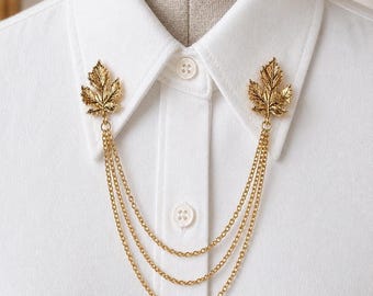 Gold Leaf Collar Chain Brooch Triple Layer Shirt Collar Clip Vintage Blouse Pin Elegant Gift for Her - 803-G-L