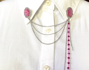 Oval Resin Drusy Tassel Collar Chain – Collar Pin - Collar Brooch - Lapel Pin – Swarovski Crystal Tassel Shirt Clasps – 809