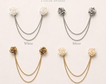 Rose Collar Clip Chain, Flower Shirt Collar Pin, Double Chain Brooch, Gold Silver Cream White Collar Accessory 805-2-GWSC