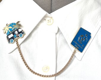 Adventure Time Collar Chain – Travel Van Collar Pin – Passport Travel Lapel Pin – Adventure Travel Clasps – Collar Brooch – 89-14