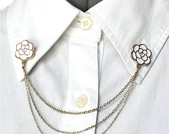 Enamel Rose Collar Chain – Collar Pin – Flower Collar Brooch - Lapel Pin – White Rose Clasps – Beautiful Rose Brooch – 89-31PK