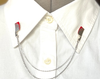 Kitchen Knife Collar Chain – Chop Knife Collar Pin – Knife Lapel Pin – Cleaver Clasps – Collar Brooch – 89-19