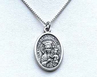 Our Lady of Czestochowa Necklace: Sterling Silver Chain, Black Madonna Protector Charm & Chain