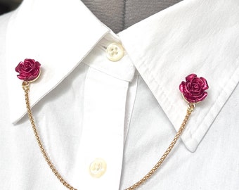 Red Rose Petal Collar Rolo Chain – Rose Collar Pin - Romantic Rose Collar Clip - Symbol of Love Lapel Pin – Love Symbol Clasps – 805-2-B