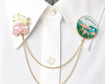 Adventure Mountain Collar Clip Chain, Scenic Travel Shirt Pin, Pink Bottle Brooch, Enamel Collar Accessory, Gold Chain Clip – 89-05