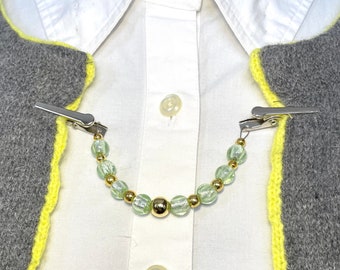 Green Glass Beads Sweater Guard Clip Cardigan Alloy Nickel Free Clip - Holiday Gift - 333