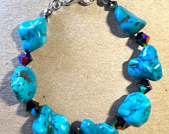 Turquoise Original Natural Stone Jet AB Swarovski Crystal Bracelet 8.5” -Gemstone Swarovski Crystal Lobster Claw Handmade Wristlet– B1006