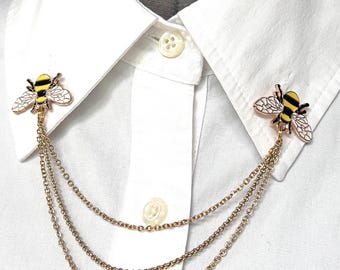 Honey Bee Enamel Collar Chain Clip: Yellow Bumblebee Brooch Pin