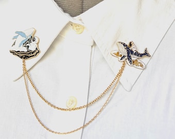 Astronaut Whale Adventure Collar Chain – Space Travel Collar Pin – Whale Freedom Lapel Pin – Whale Collar Clasps – Collar Brooch – 899-18-G