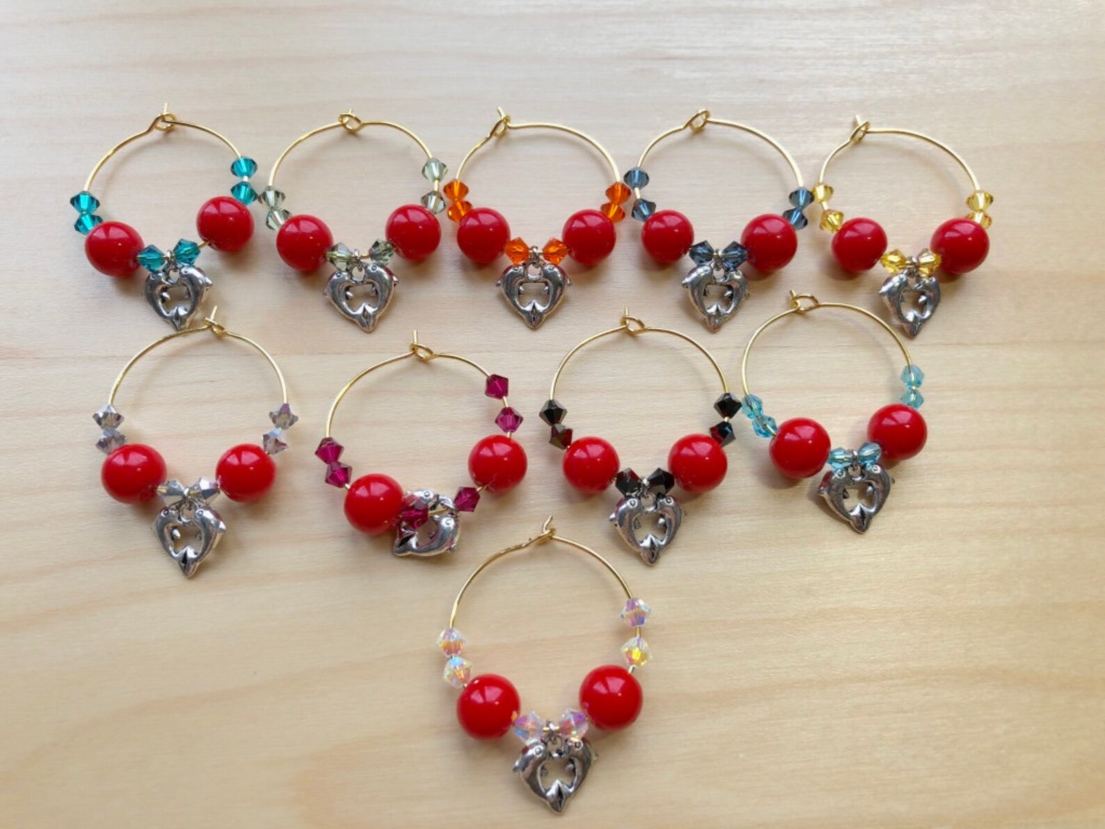 Set of 10 Red Dolphin Love Crystal Wine Glass Charm Party | Etsy