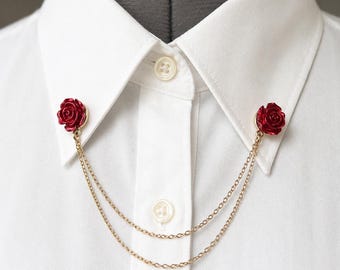 Red Rose Collar Pin Double Chain – Romantic Shirt Brooch – Love Symbol Lapel Jewelry – 805-2