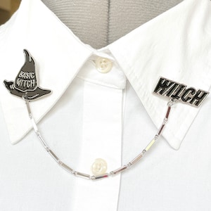 Basic Witch Chain Collar Clips – Witch Beginner Symbol Collar Pin – Witch Hat Lapel Pin – Witchcraft Collar Clasps – Witch Brooch – 859-2