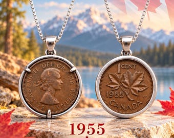 1955 Canadian Penny Necklace, Vintage Canada 1 Cent Coin Pendant, Sterling Silver Chain, Birth Year Gift, Urban Fortune - CP4